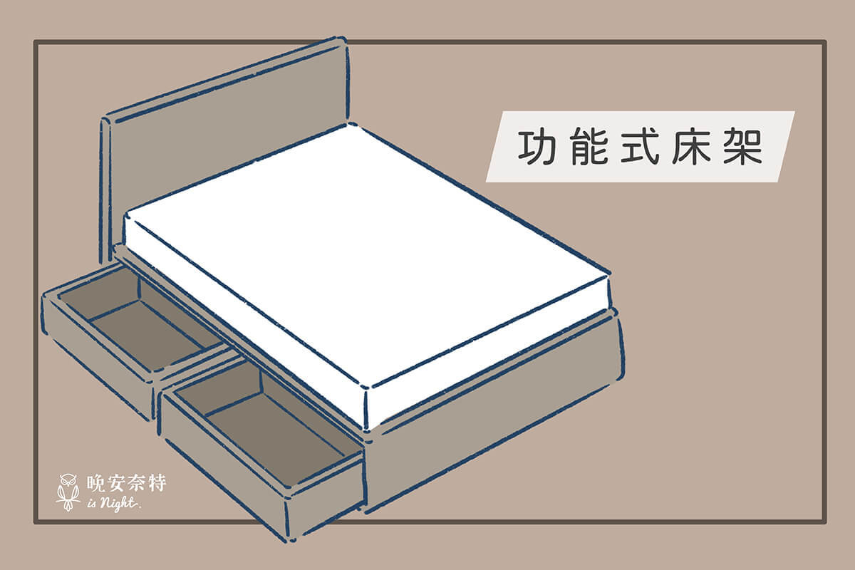 掀床床架、抽屜式床架都是屬於功能型床架，是款適合收納空間不足族群的床架種類