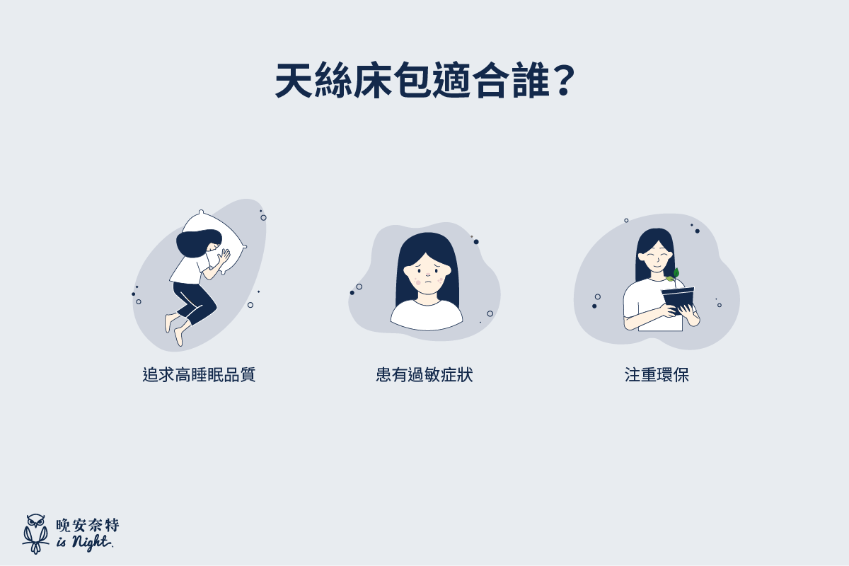 天絲床包適合誰？1. 追求高睡眠品質 2. 患有過敏症狀 3. 注重環保