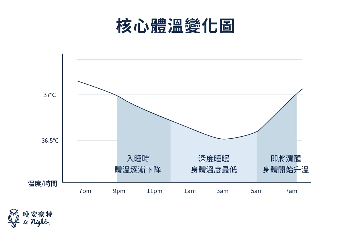 入睡前，核心體溫會逐漸下降，促使大腦發出想睡覺的訊號。